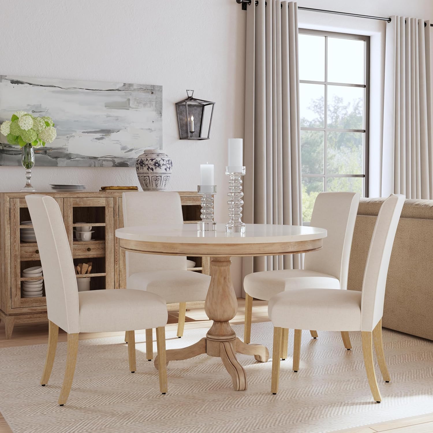 Homepop Scalloped Detail Dining Chair|Upholstered Parsons Dining Chairs |Decorative Home Furniture, Cream Textured Woven (Set of 2)