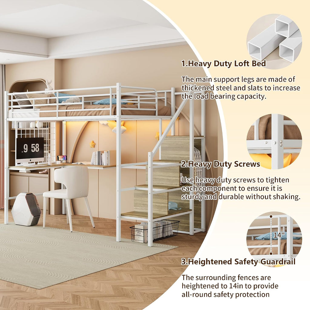 Twin Size Metal Loft Bed with L-Shaped Desk & Storage Wardrobe, Heavy Duty Bed Frame w/Reversible Stairs (Built-in Storage) + USB Port, Space-Saving Noise-Free, No Box Spring Needed