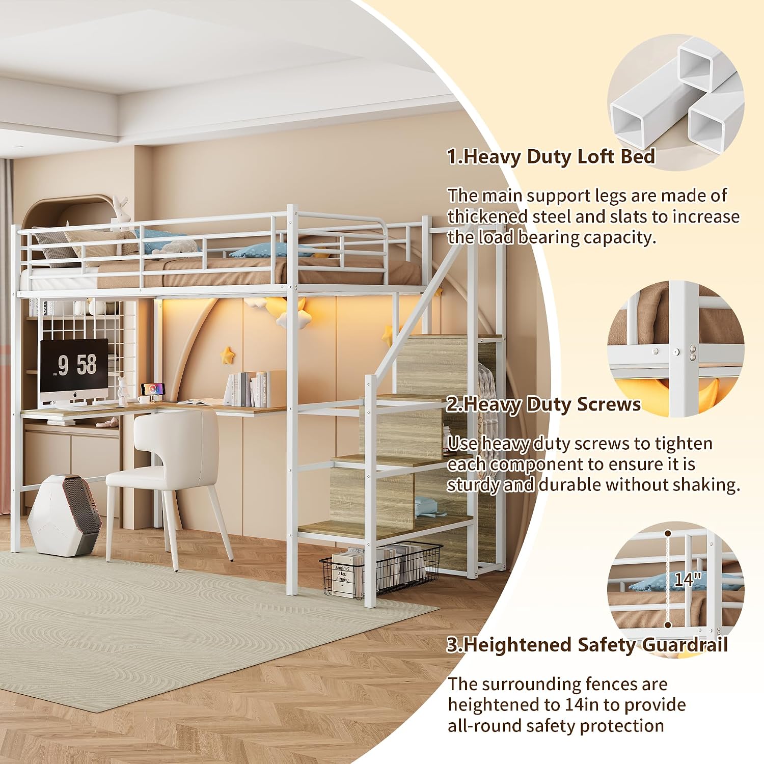 Twin Size Metal Loft Bed with L-Shaped Desk & Storage Wardrobe, Heavy Duty Bed Frame w/Reversible Stairs (Built-in Storage) + USB Port, Space-Saving Noise-Free, No Box Spring Needed
