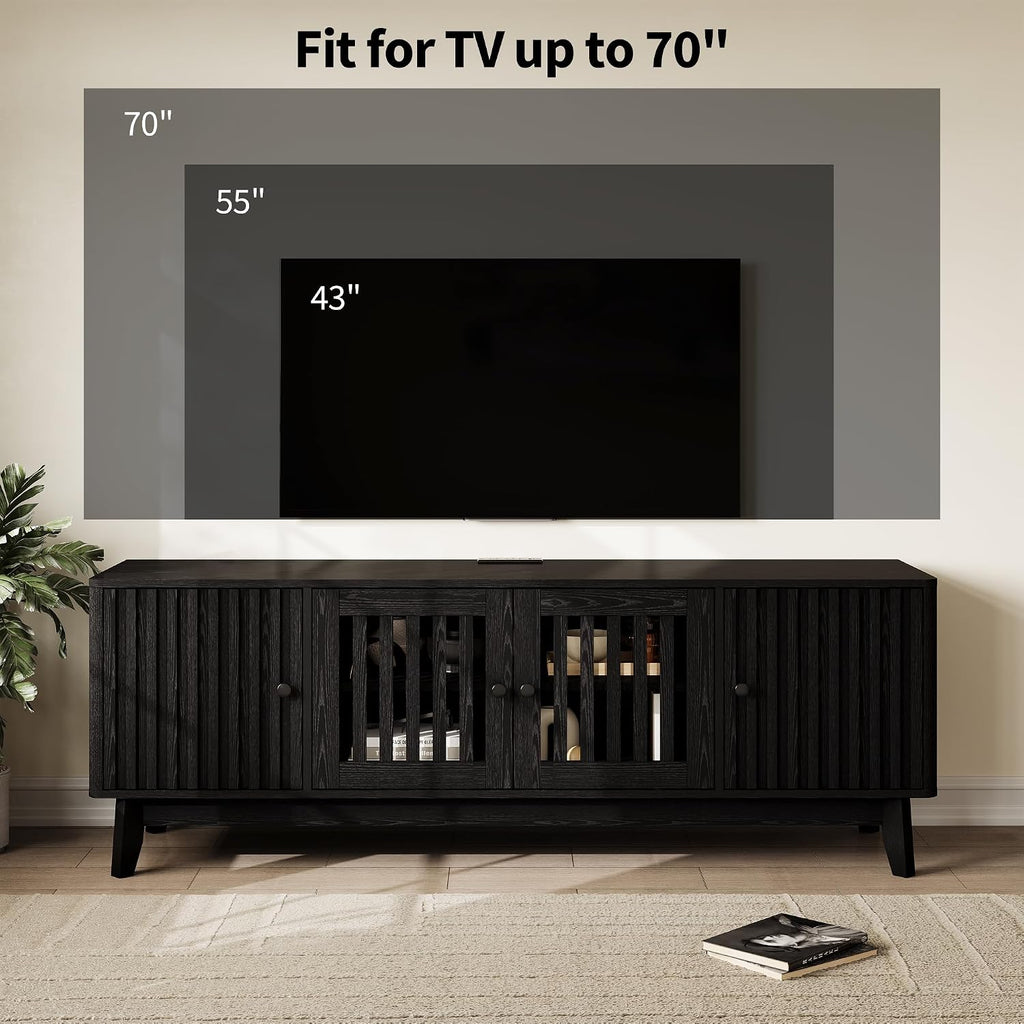 GarveeHome Mid Century Modern TV Stand, 63'' TV Stands for Living Room with Power Output and Adjustable Shelves, Entertainment Center with Storage and 4 Grille Doors, Wooden TV Console, Black