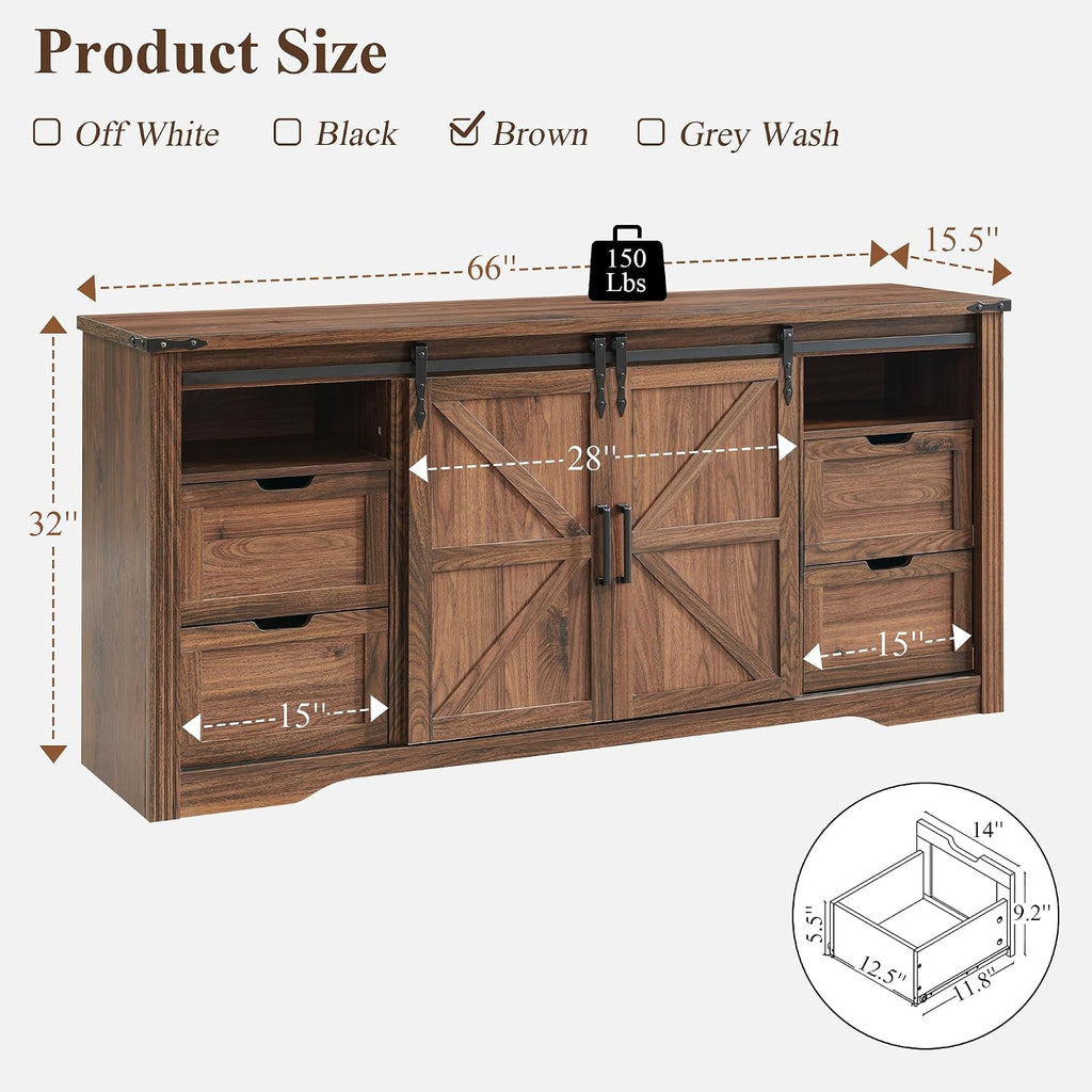 JXQTLINGMU Farmhouse TV Stand for 75+ Inch TV, 32' Tall Entertainment Center w/4 Drawers & Sliding Barn Door, Rustic Media Console w/Storage Shelves, 66' Wood Television Stand for Living Room, Brown