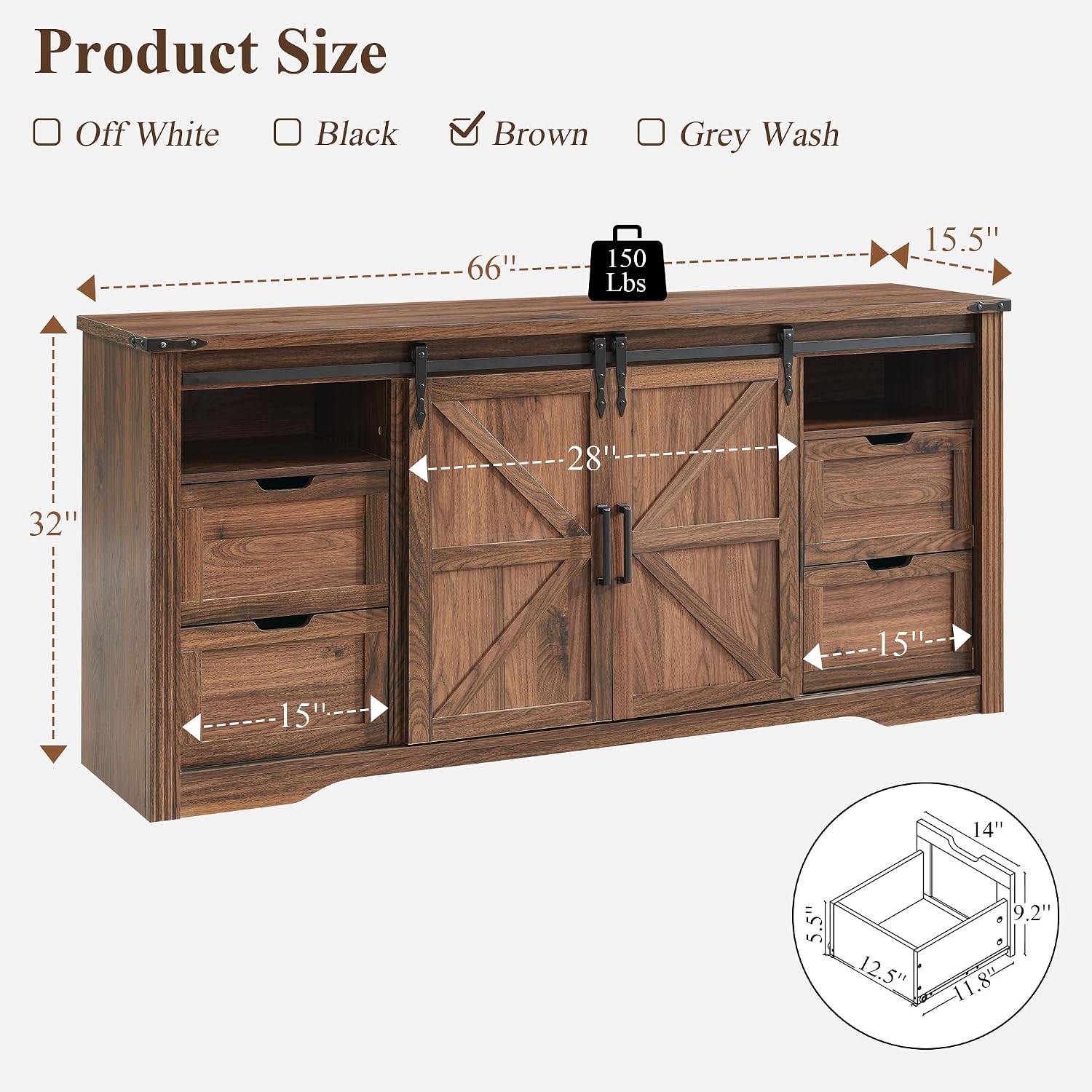 JXQTLINGMU Farmhouse TV Stand for 75+ Inch TV, 32' Tall Entertainment Center w/4 Drawers & Sliding Barn Door, Rustic Media Console w/Storage Shelves, 66' Wood Television Stand for Living Room, Brown