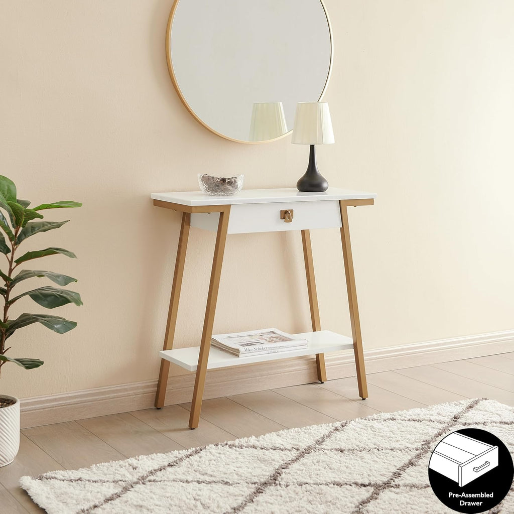 Leick Home 214346 Empiria Wood Console Table with Drawer and Metal Frame for Living Room Entryway Bedroom, White