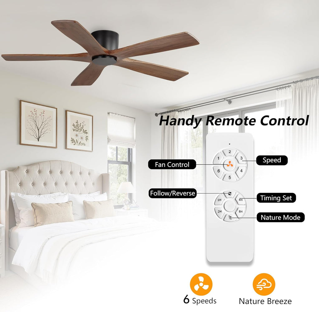 WINGBO 48' Flush Mount DC Ceiling Fans without Lights, 5 Carved Solid Wood Blades, 6-Speed Reversible DC Motor, Low Profile Hugger Ceiling Fan No Lights for Living Room Bedroom Patio, Black and Walnut