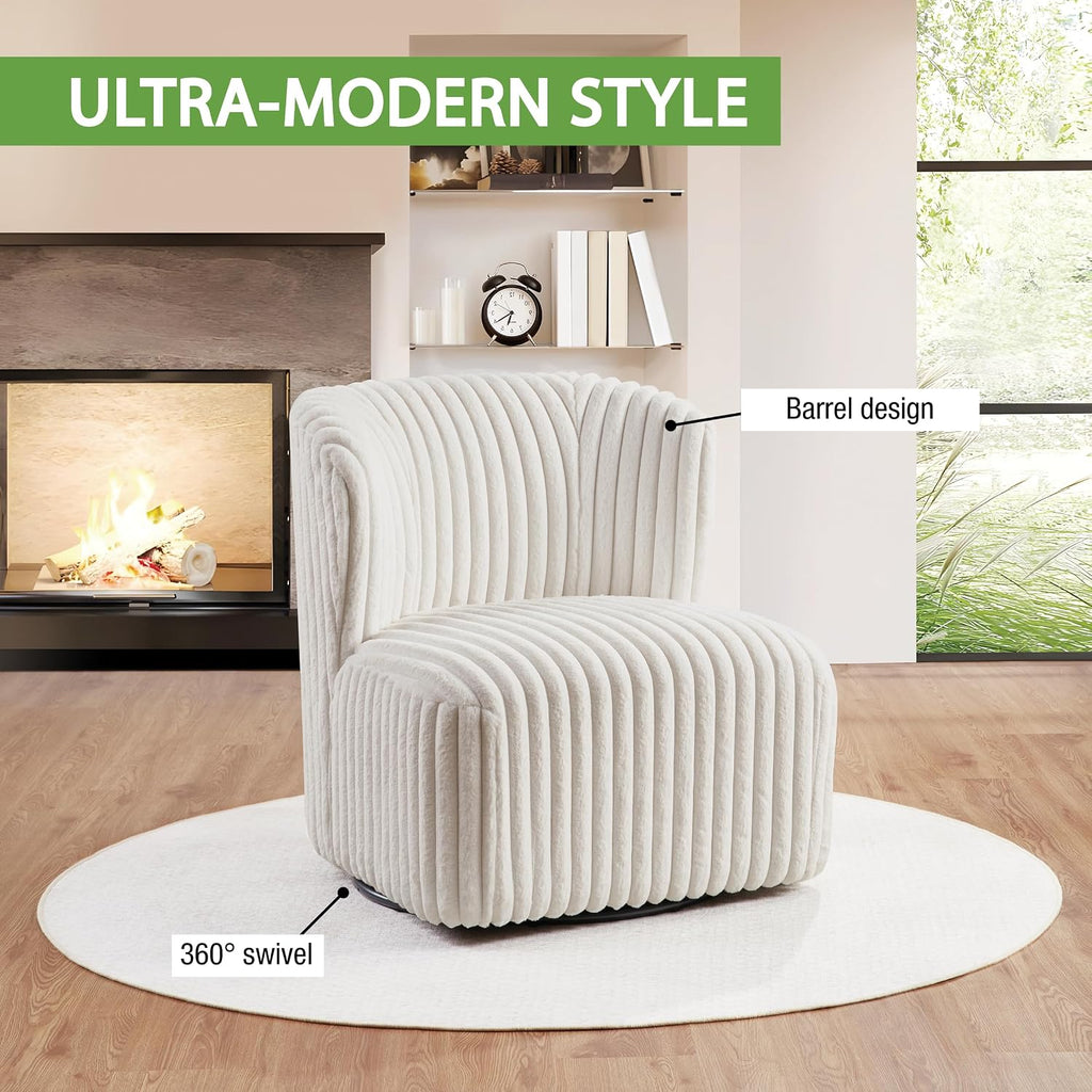 OSP Home Furnishings Lucia Modern Barrel Swivel Accent Chair, White Cord Fur Fabric