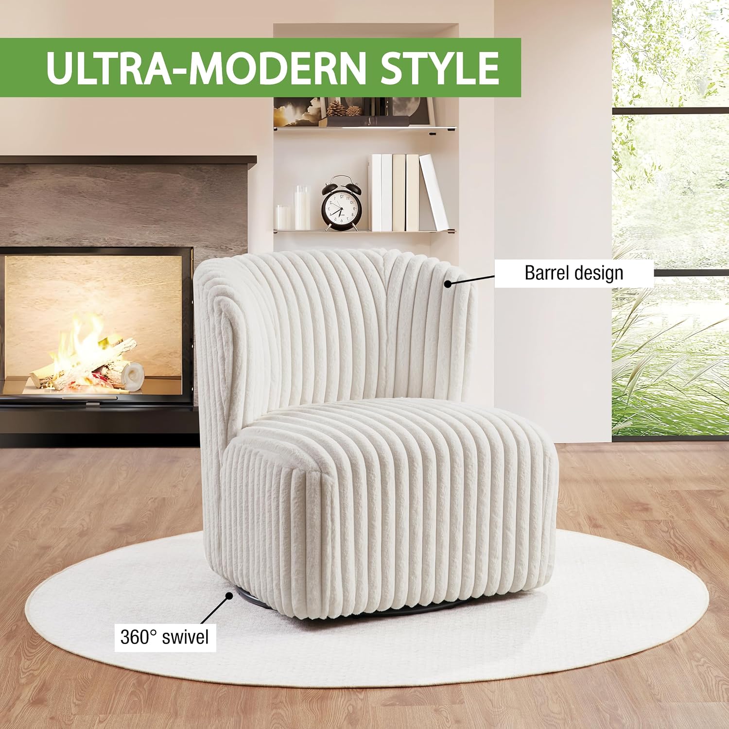 OSP Home Furnishings Lucia Modern Barrel Swivel Accent Chair, White Cord Fur Fabric