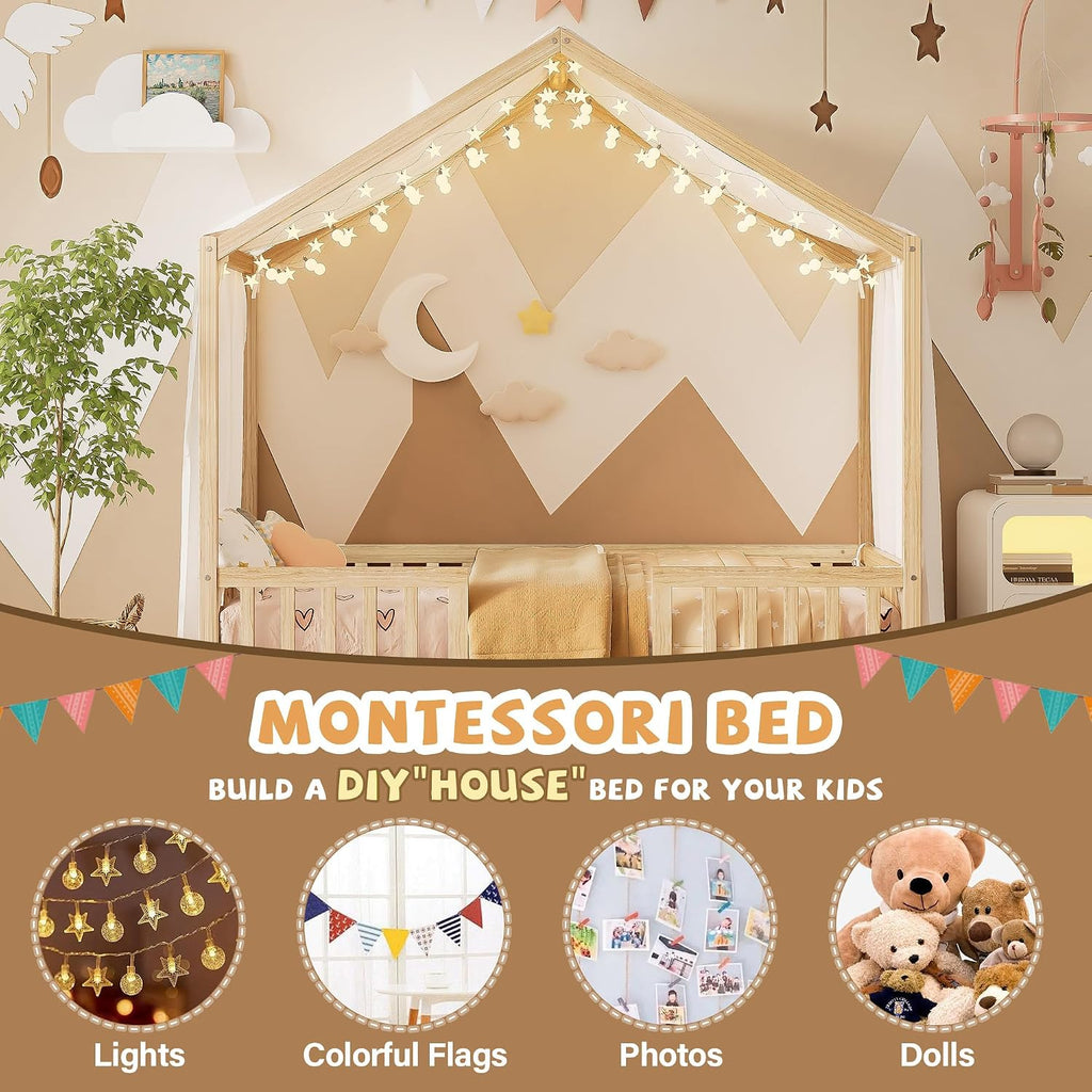 Bellemave Twin House BedFrame with Canopy, Montessori Floor Bed, House Bed with Rails for Kids, Natural