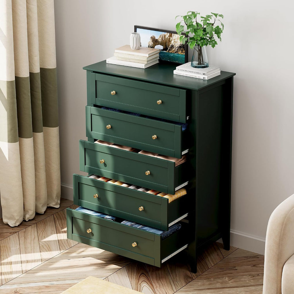 IDEALHOUSE Green 5 Drawer Dresser for Bedroom, Tall Dresser with Deep Drawers & Metal Knobs, Modern Wooden Chests of Drawers for Entryway, Hallway