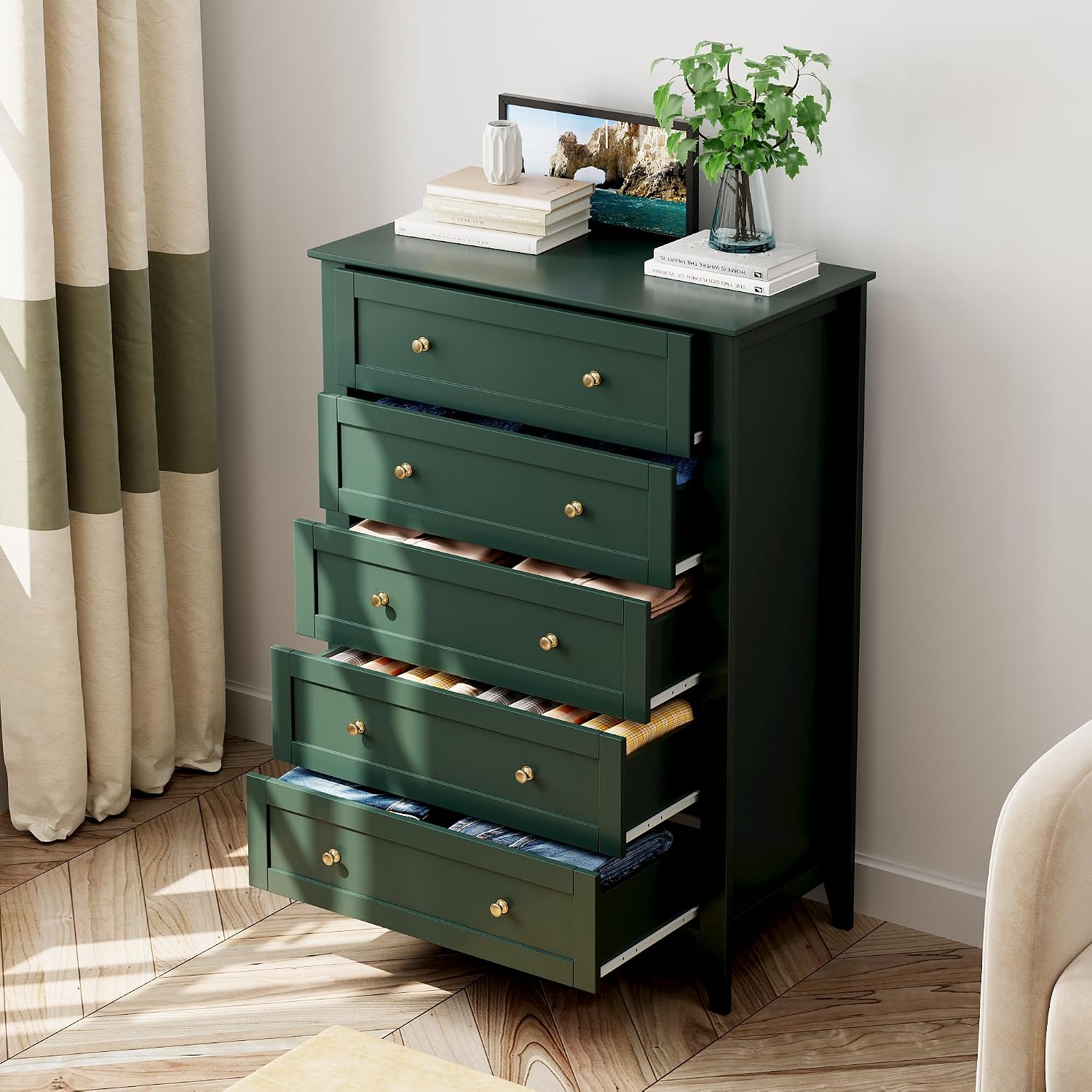IDEALHOUSE Green 5 Drawer Dresser for Bedroom, Tall Dresser with Deep Drawers & Metal Knobs, Modern Wooden Chests of Drawers for Entryway, Hallway