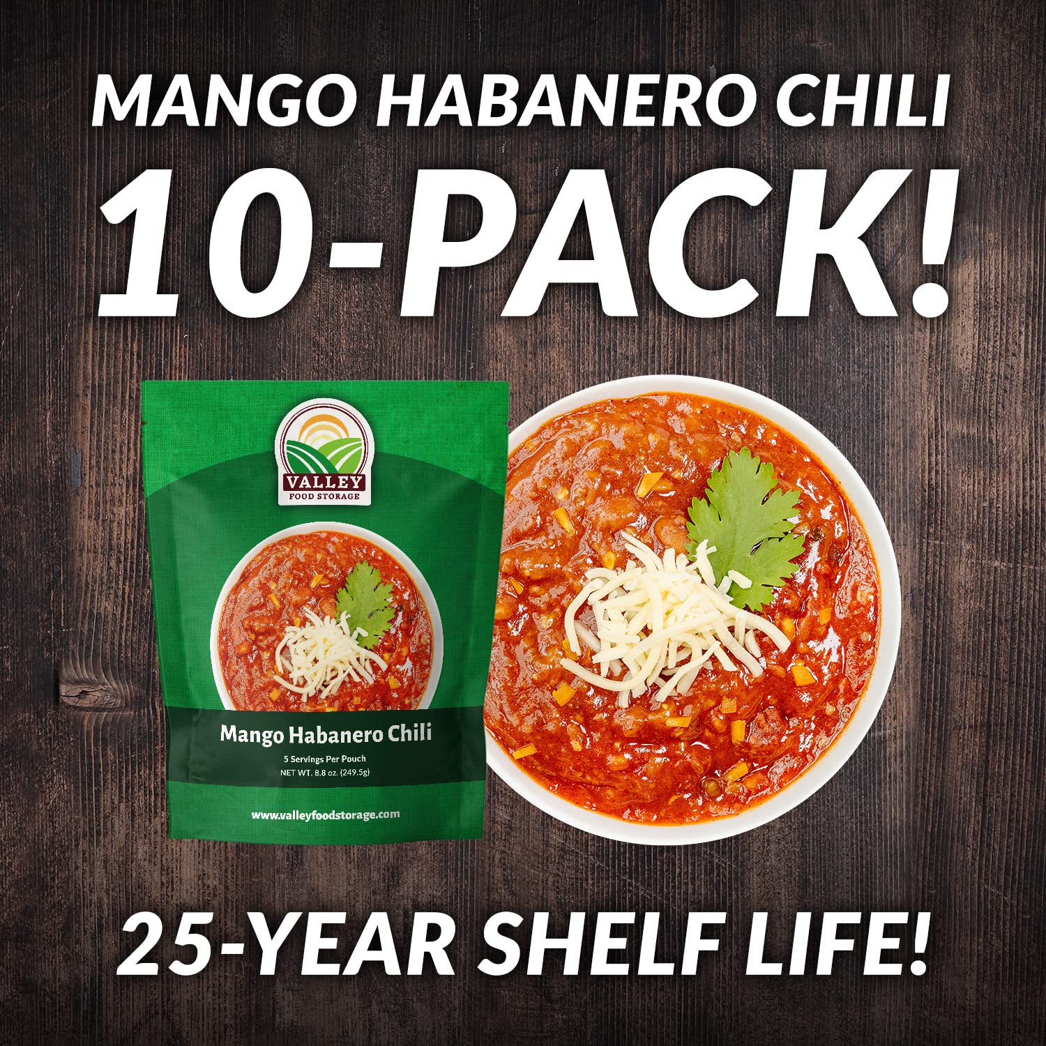 Valley Food Storage Mango Habanero Chili | 10-Bag Bucket, 50 Servings | Premium Emergency Food Supply, 25 Year Shelf Life | Survival Meal Kits, Prepper Food & Off-Grid Living Supplies, Packaged in USA