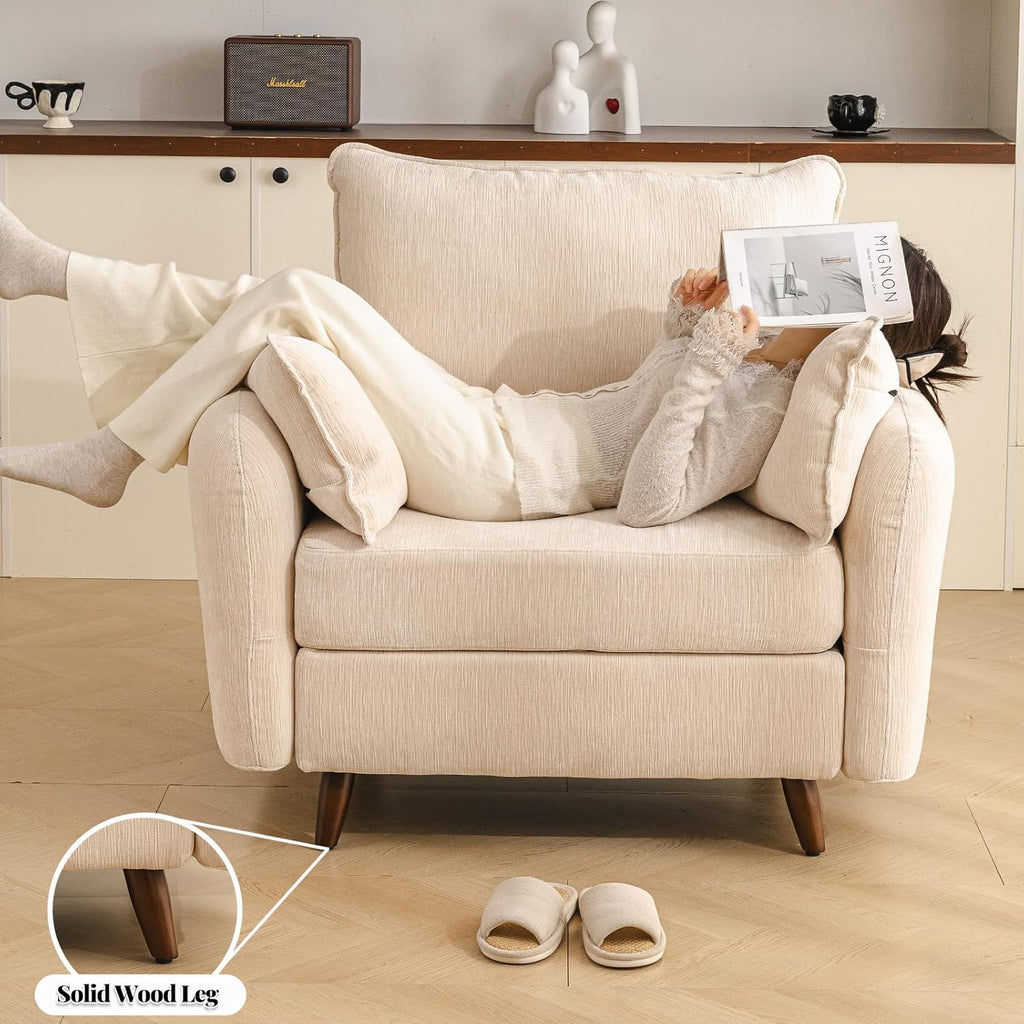 Rexulqo Oversized Accent Chair with Seats Storage,Comfy Living Room Chairs with 2 Throw Pillow,Upholstered Mid-Century Armchair,24.5'' Deep Seat,Reading Chair for Bedroom,Office,Chenille,Cream