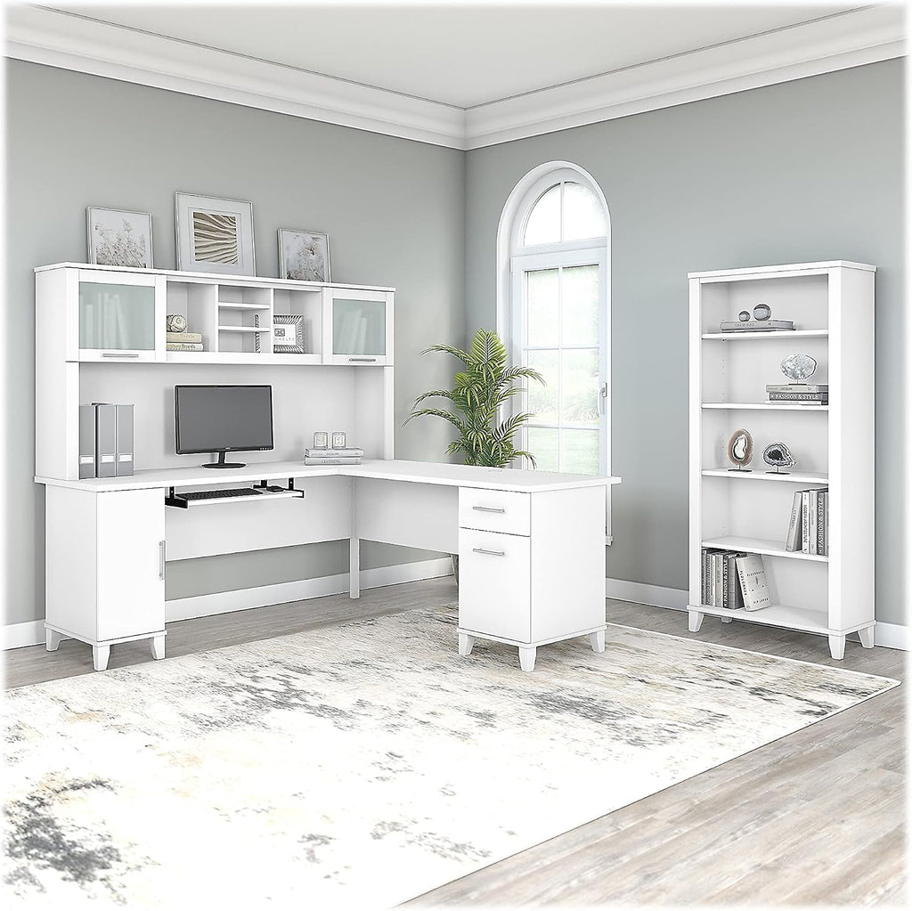 Bush Home Somerset 72W L Shaped Desk with Hutch and 5 Shelf Bookcase in White