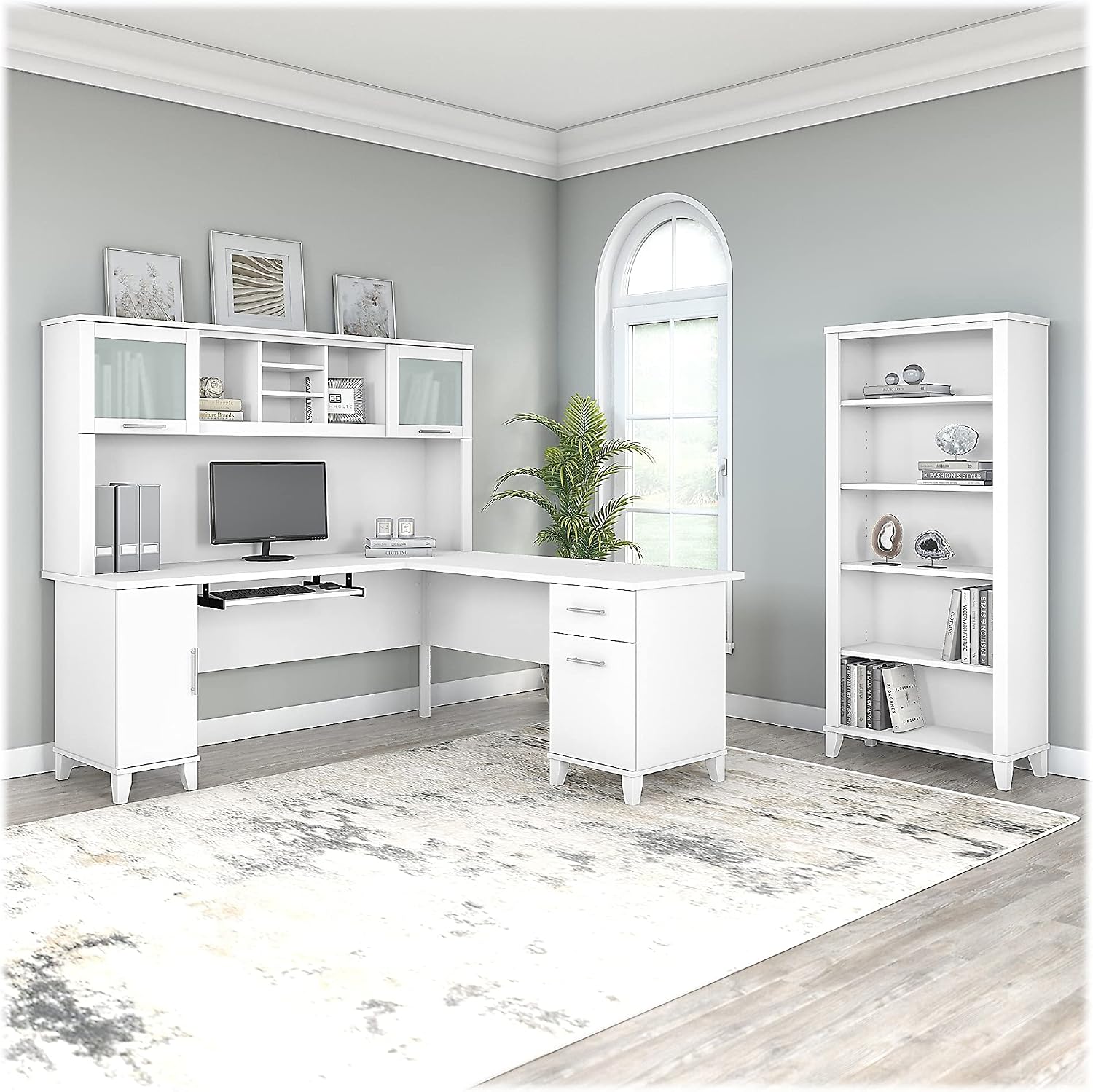 Bush Home Somerset 72W L Shaped Desk with Hutch and 5 Shelf Bookcase in White