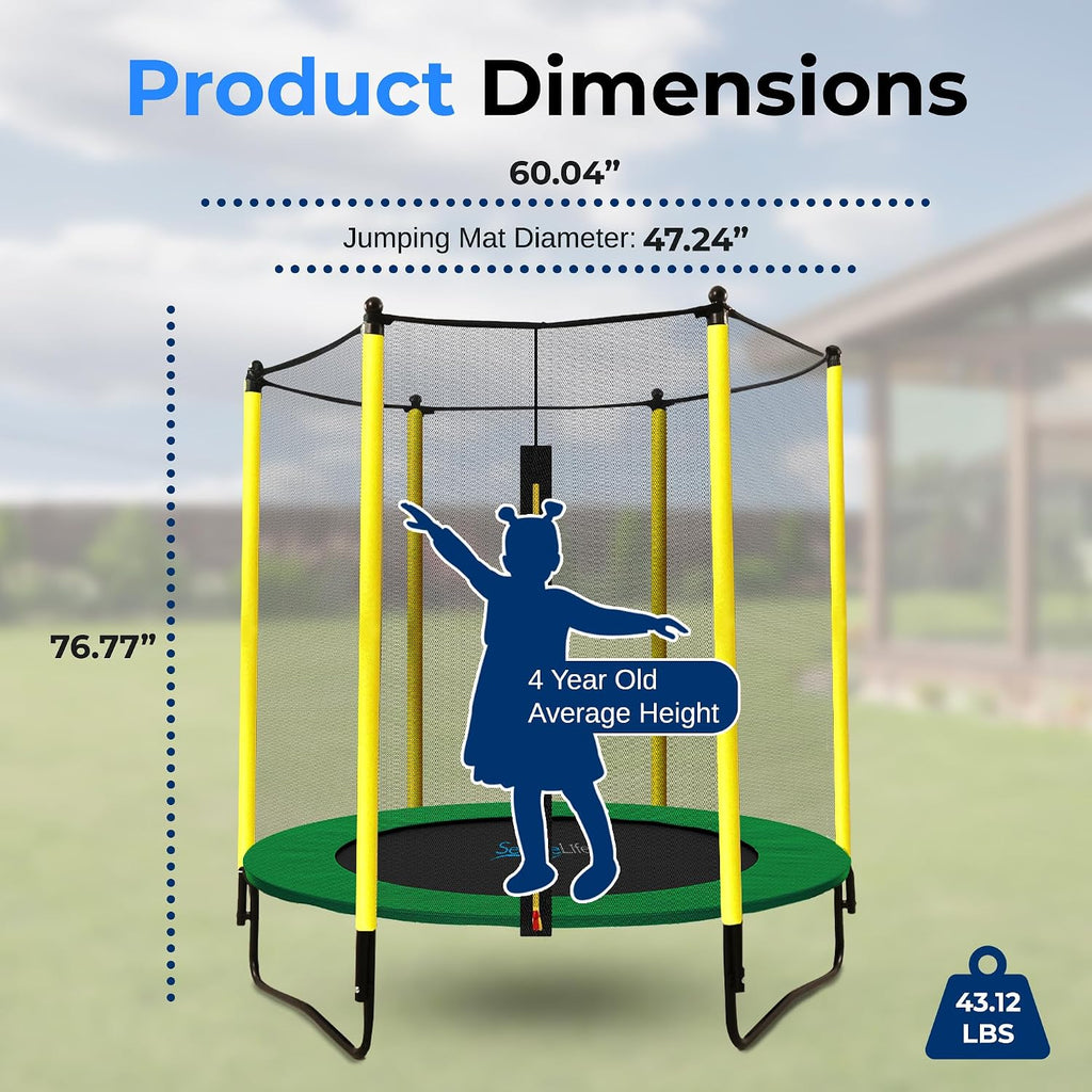 SereneLife 5FT Outdoor & Indoor Trampoline for Kids – Durable Mini Toddler Trampoline with Net Enclosure & Basketball Hoop - Supports 176 lbs, 60'x76'