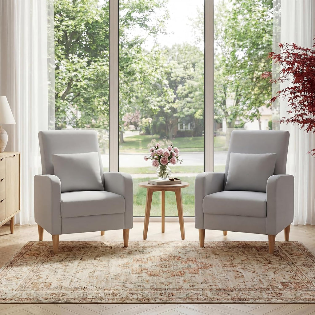 COLAMY Mid-Century Modern Upholstered Accent Chair with Back Pillow & Solid Wood Legs, Leather Cozy Armchair for Living Room, Bedroom, Reading Nook, Apartment & Small Spaces, Lightgrey
