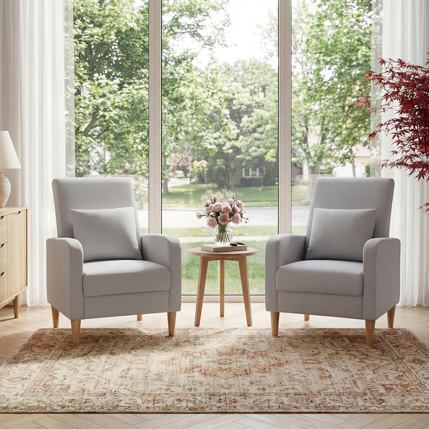 COLAMY Mid-Century Modern Upholstered Accent Chair with Back Pillow & Solid Wood Legs, Leather Cozy Armchair for Living Room, Bedroom, Reading Nook, Apartment & Small Spaces, Lightgrey