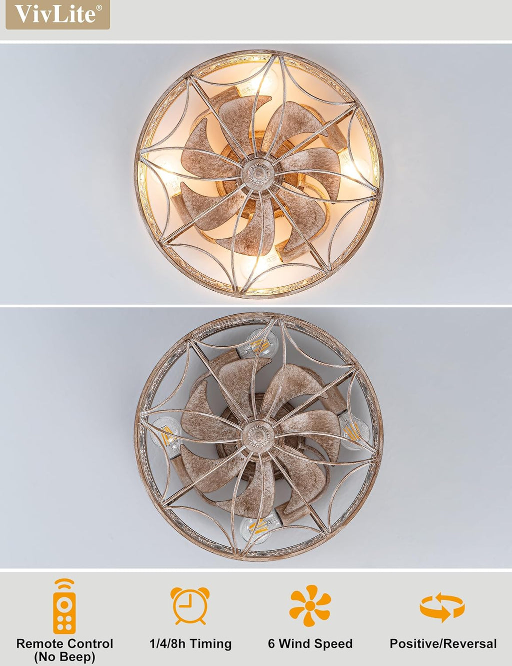 Farmhouse Fandelier Ceiling Fan with Light and Remote,Rustic Country Cottage Crystal Caged Wood-Look Light Fixture,Low Profile Flush Mount Enclosed Bladeless for Bedroom,Kitchen Island,Dining Room