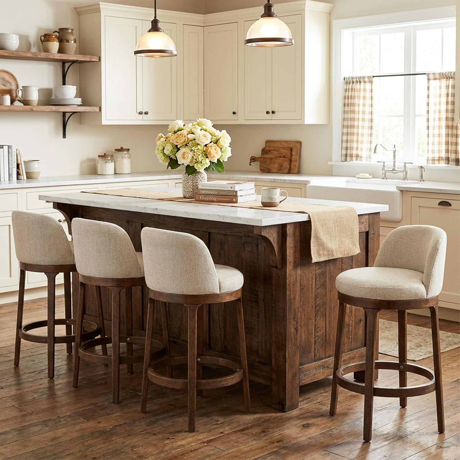 Christopher Knight Home Linhill 26.5' H Bar Stools Set of 4, Indoor Wooden Counter Stools with Round Upholstered Seat, Kitchen Stools, Rubberwood Frame with Footrest for Dining Island, Beige + Walnut