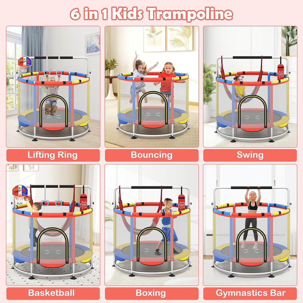 OLAKIDS 55' Trampoline for Kids, Indoor Outdoor Adjustable Toddler Trampoline with Safety Enclosure Net, Baby Recreational Trampolines with Basketball Hoop Hammock Boxing Bag Gymnastic Bar Rings