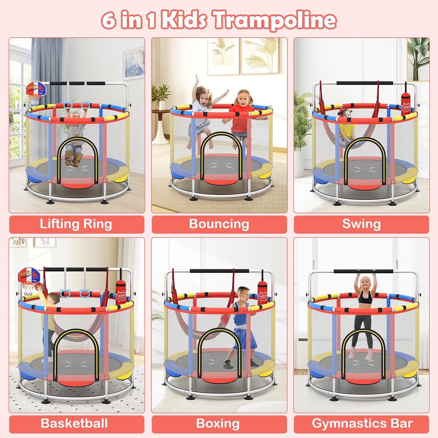 OLAKIDS 55' Trampoline for Kids, Indoor Outdoor Adjustable Toddler Trampoline with Safety Enclosure Net, Baby Recreational Trampolines with Basketball Hoop Hammock Boxing Bag Gymnastic Bar Rings