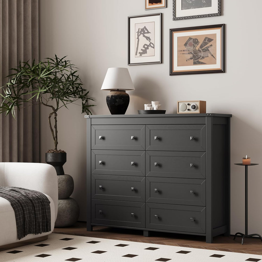 Dresser for Bedroom with 8 Drawers, Farmhouse Wood Chest of Drawers, Wide TV Stand Closet Storage Furniture with Metal Handle, Modern Clothes Organizer for Hallway, Living Room, Entryway, Black