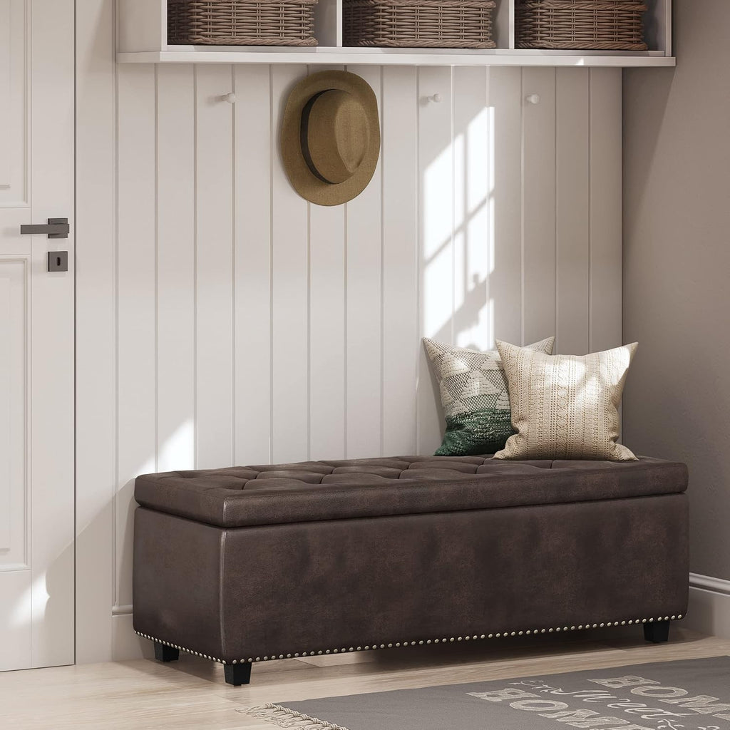SIMPLIHOME Hamilton Storage Ottoman - 48 inch Wide Upholstered Vegan Leather Rectangle Storage Ottoman Bench in Distressed Brown, Traditional Tufted Ottoman for Living Room with Lift-Up Lid