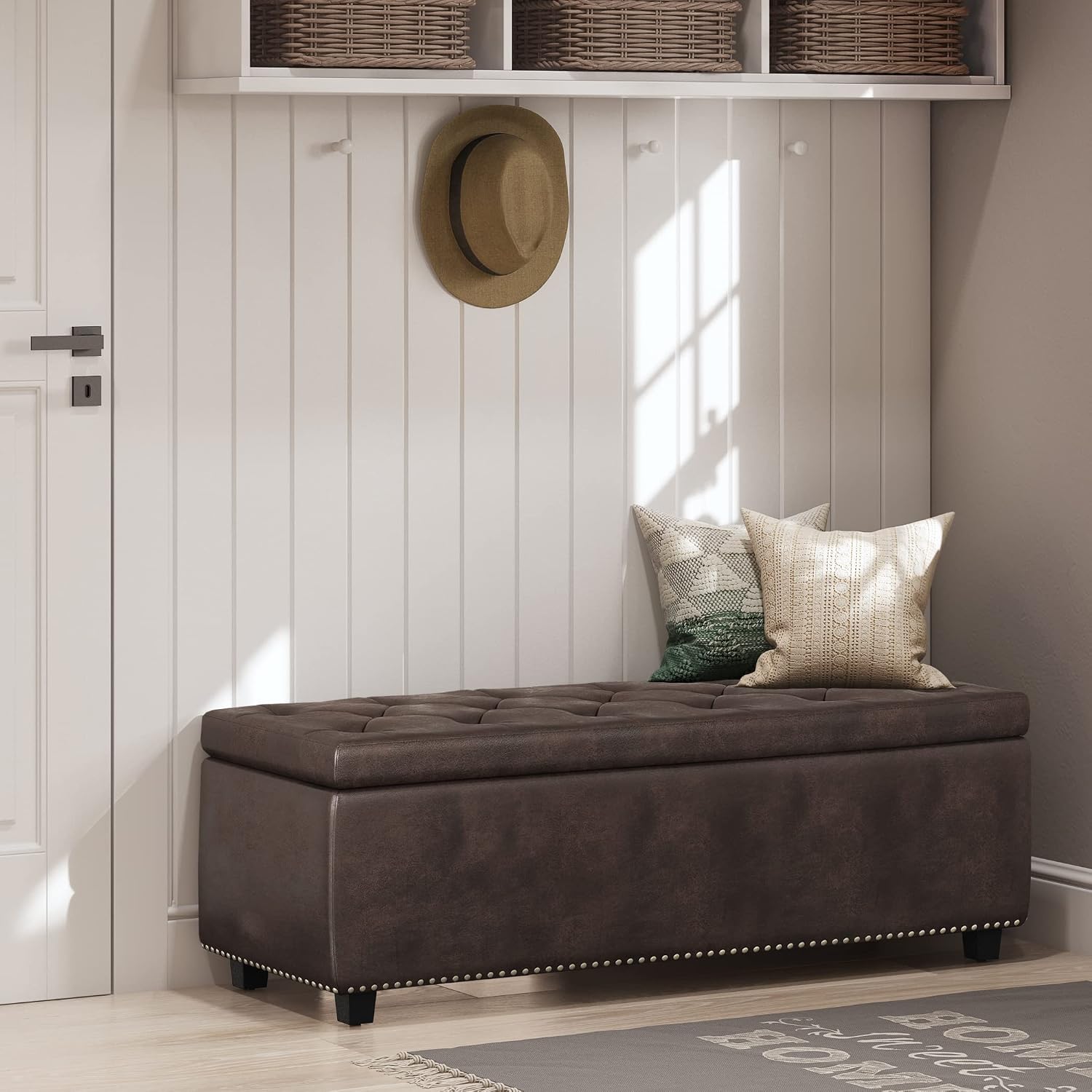 SIMPLIHOME Hamilton Storage Ottoman - 48 inch Wide Upholstered Vegan Leather Rectangle Storage Ottoman Bench in Distressed Brown, Traditional Tufted Ottoman for Living Room with Lift-Up Lid