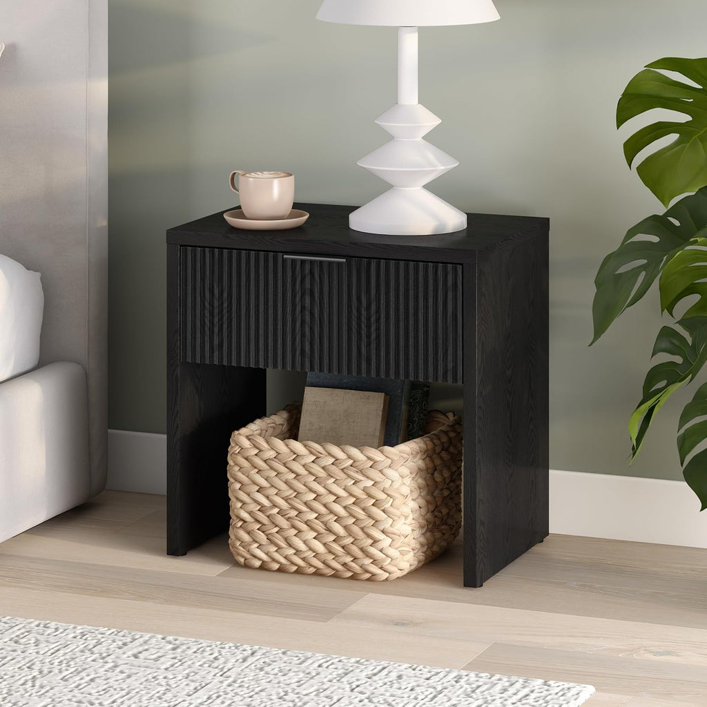 Henn&Hart 24' Fluted Modern Wooden Nightstand, Ribbed Side Table with Storage Drawer and Open Storage Space for Bedroom, Living Room, or Home Office, Natural Black