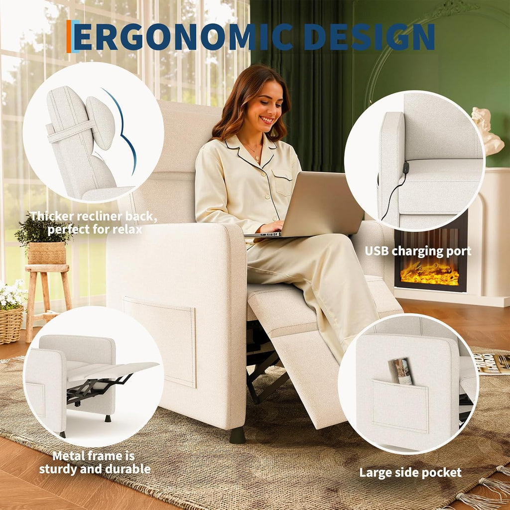 GarveeHome Electric Recliner Chair Living Room Power Recliner Adjustable Backrest & Footrest with Massage & Heat & Charging Ports & Lumbar Support(Beige)