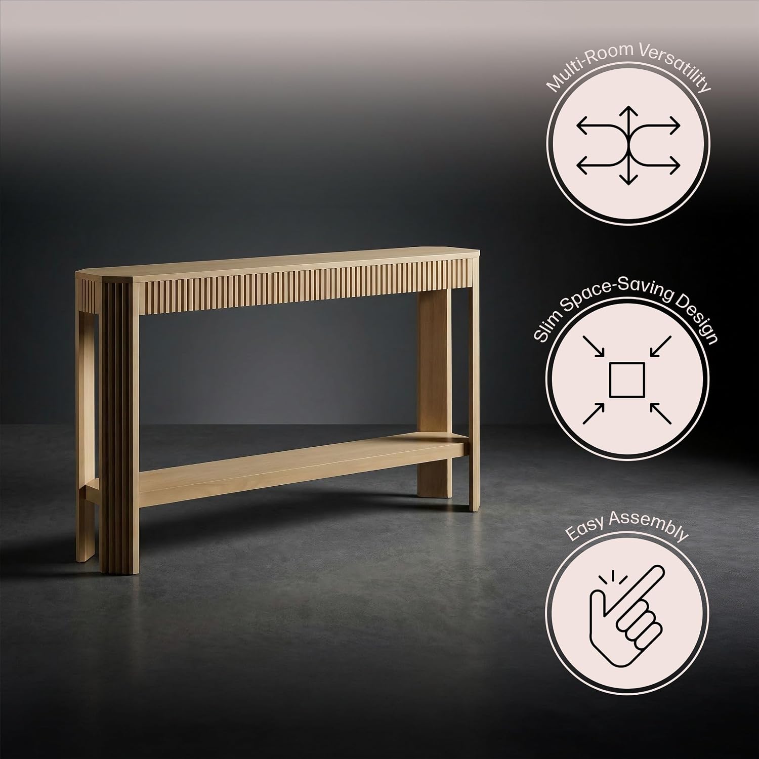 Alaterre Furniture Fluted Solid Wood Console Table - 56 Inch Modern Entryway Table with Storage Shelf - Easy Assembly Living Room Furniture for Behind the Couch, Entryway, or Hallway (Light Oak)