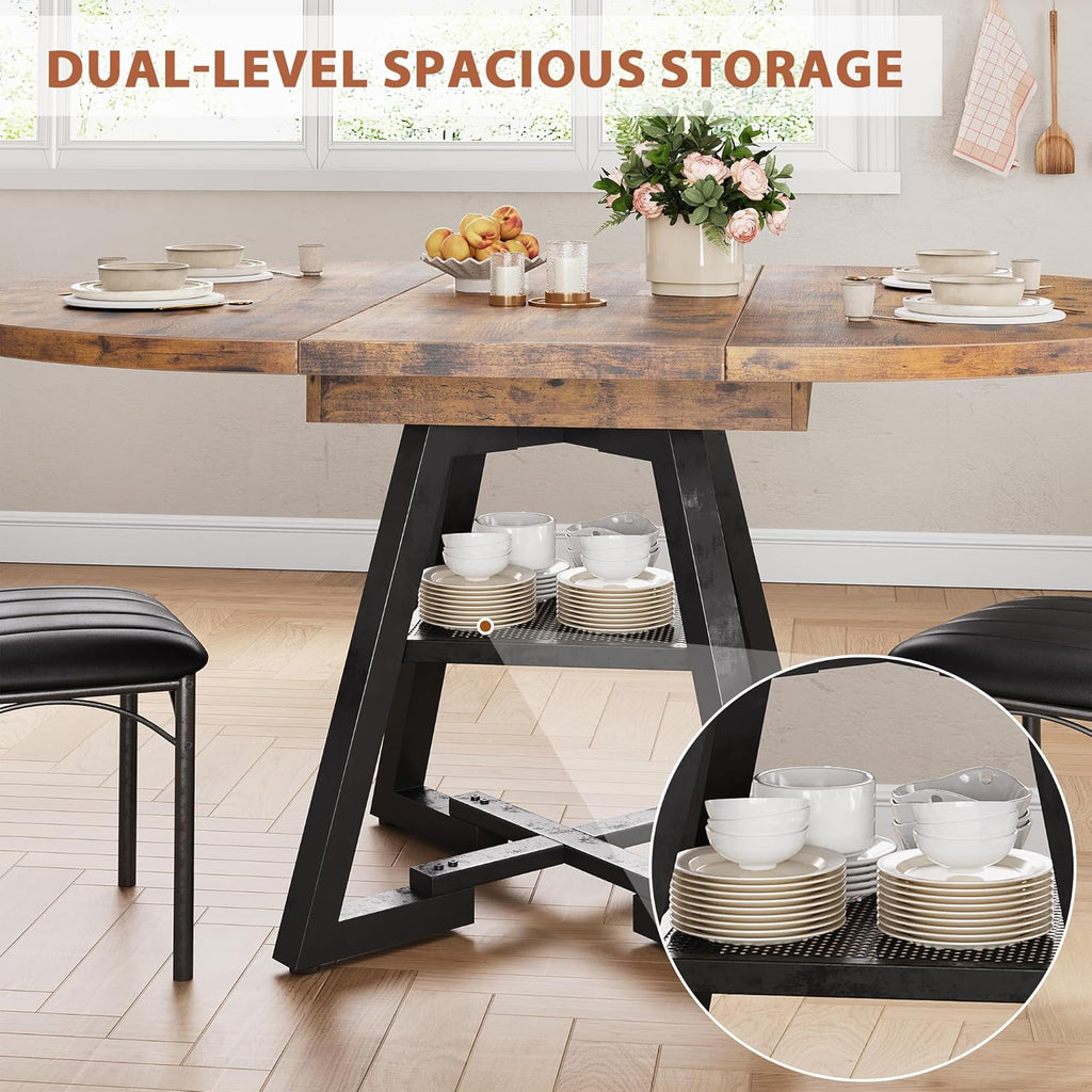 43''-57'' Extendable Round Dining Table for 4-6, Modern Industrial Kitchen Oval Dining Table with Removable Leaves, Space Saving Pedestal Base with Storage Shelf for Kitchen Living Room (Vintage)