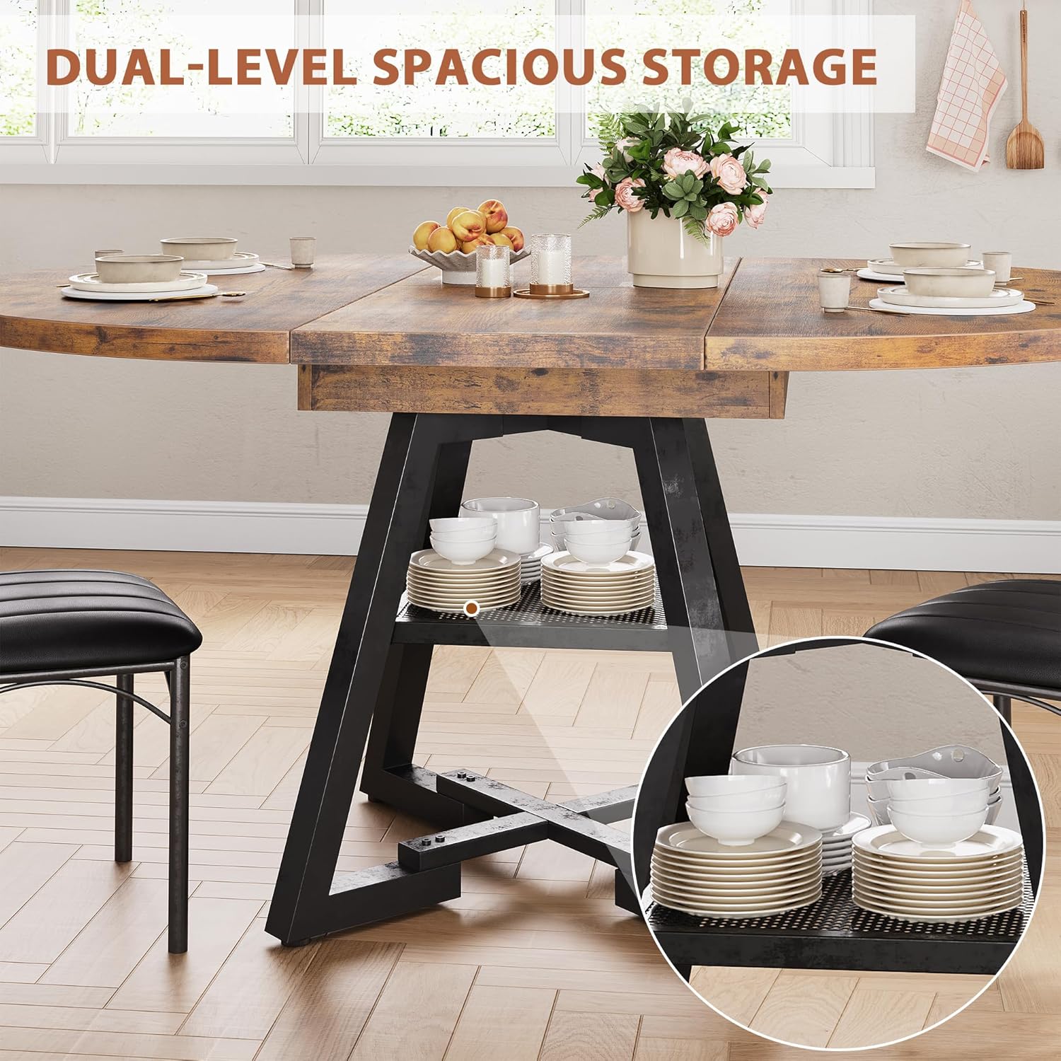 43''-57'' Extendable Round Dining Table for 4-6, Modern Industrial Kitchen Oval Dining Table with Removable Leaves, Space Saving Pedestal Base with Storage Shelf for Kitchen Living Room (Vintage)