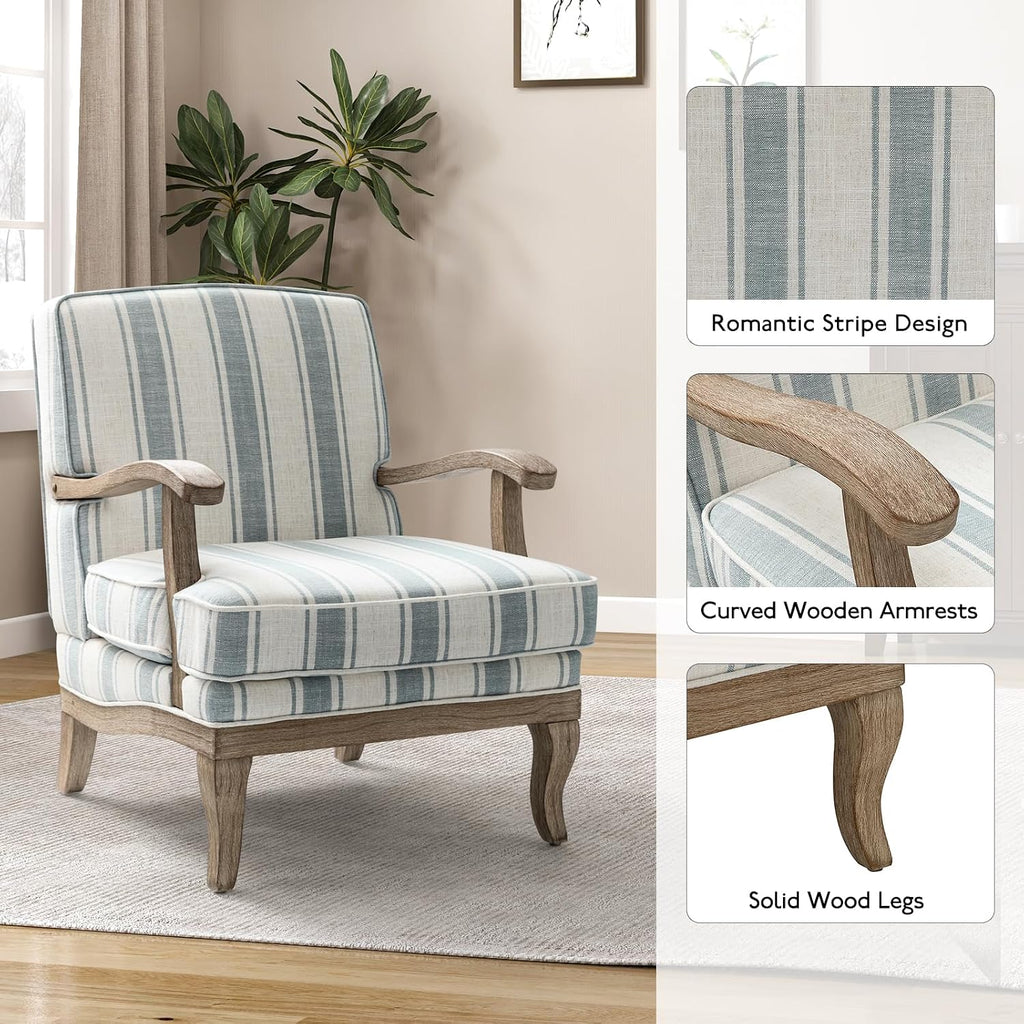 HULALA HOME Mid-Century Modern Chair Set of 2, Upholstered Accent Chair with Graceful Curves and Wooden Legs, Comfy Lounge Armchair Striped Accent Chairs for Living Room, Bedroom (Blue)