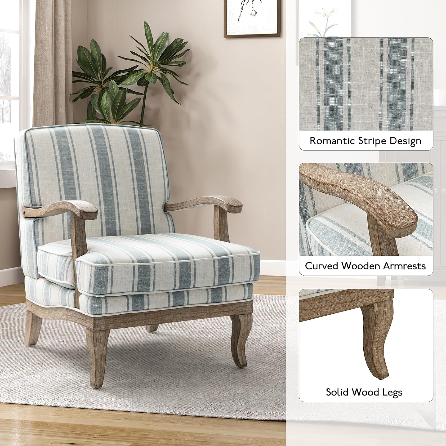 HULALA HOME Mid-Century Modern Chair Set of 2, Upholstered Accent Chair with Graceful Curves and Wooden Legs, Comfy Lounge Armchair Striped Accent Chairs for Living Room, Bedroom (Blue)