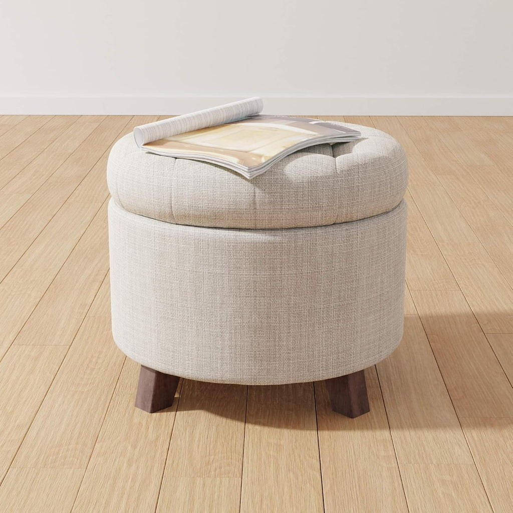 Amazon Basics Round Storage Ottoman Foot Rest, Button Tufted Upholstered Footstool with Storage, Sturdy Linen Fabric for Living Room and Bedroom, 20' x 17', Beige