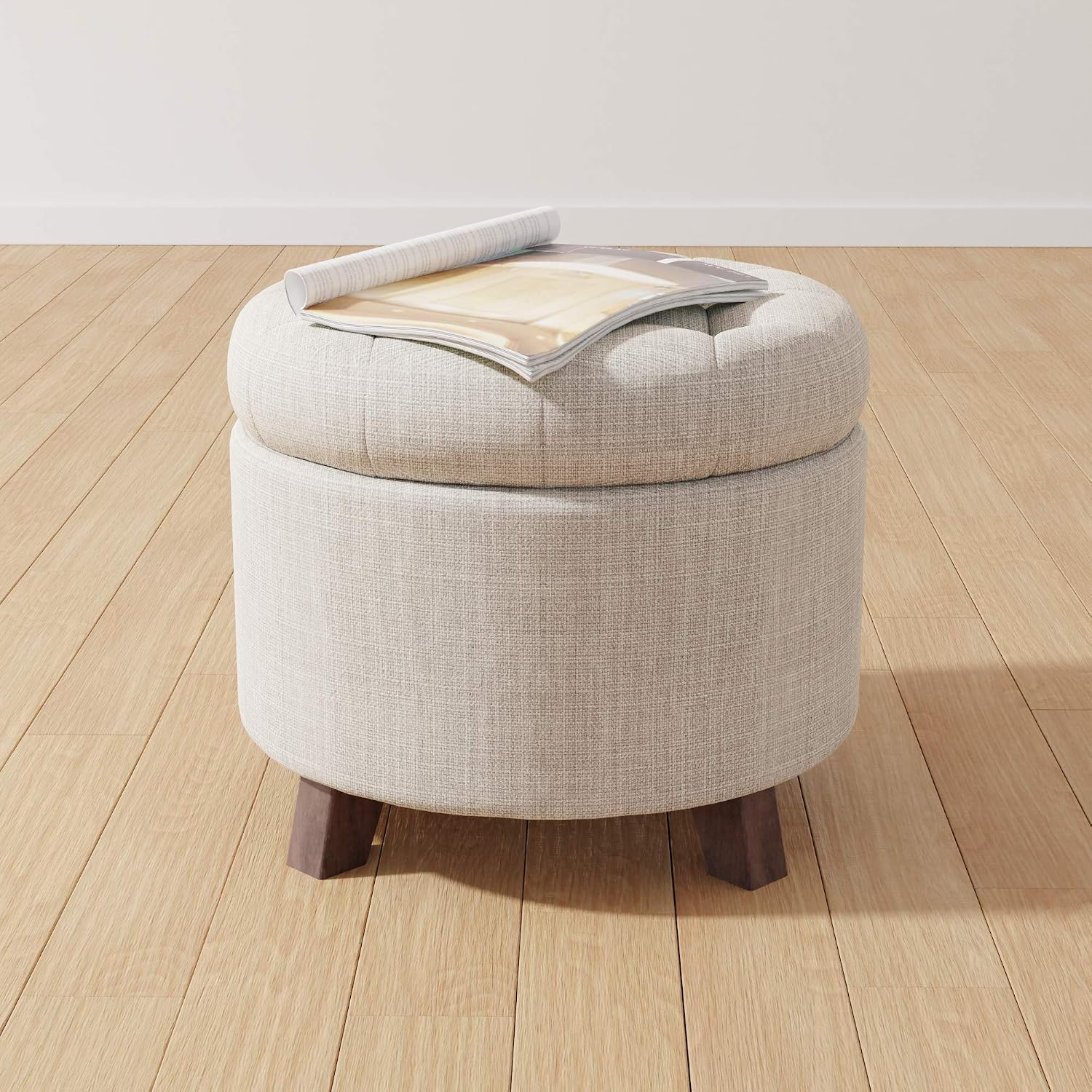 Amazon Basics Round Storage Ottoman Foot Rest, Button Tufted Upholstered Footstool with Storage, Sturdy Linen Fabric for Living Room and Bedroom, 20' x 17', Beige