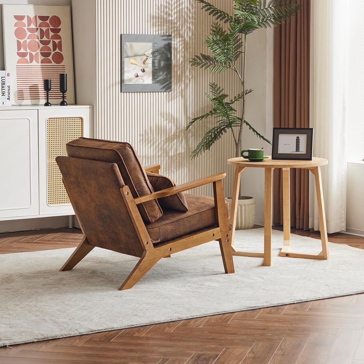 Karl home Accent Chair Wide Armrest Mid-Century Lounge Chair Bronzing Cloth Armchair with Lumbar Pillow & Solid Wood Frame for Living Room, Bedroom, Balcony, Brown