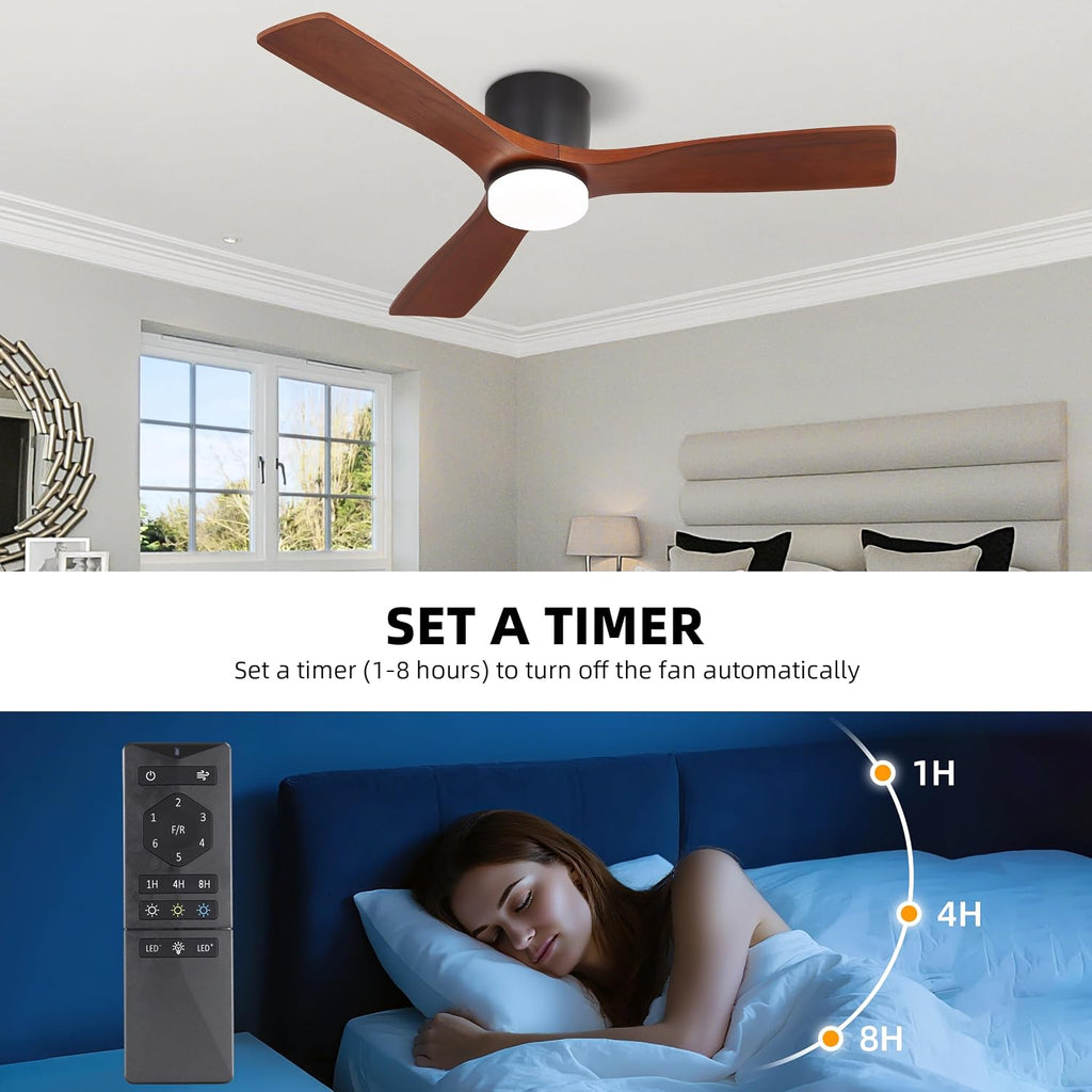 WINGBO 48 Inch Flush Mount DC Ceiling Fan, 3CCT Dimmable Light, 3 Carved Wood Blades, 6-Speed Noiseless Reversible DC Motor, Hugger Low Profile Fan, Matte Black Finish with Walnut Blades, ETL Listed