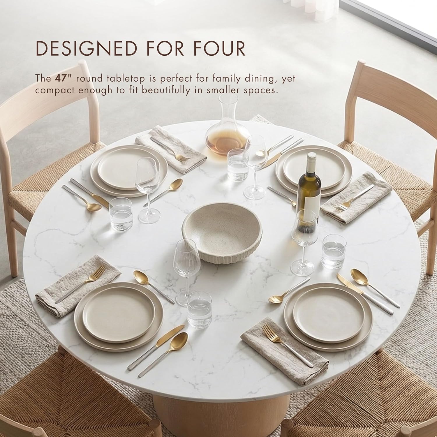 Furniture of America Sonya Modern Round Dining Table with Drum Base and Faux Marble Stone Top, Easy Assembly for Home, Kitchen and Living Room, Natural