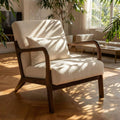 Mid Century Modern Accent Chair - Solid Rubberwood Frame Reading Armchair with Lumbar Pillow - Comfy Linen Lounge Chair for Living Room Bedroom Small Space - Heavy Duty 350lbs