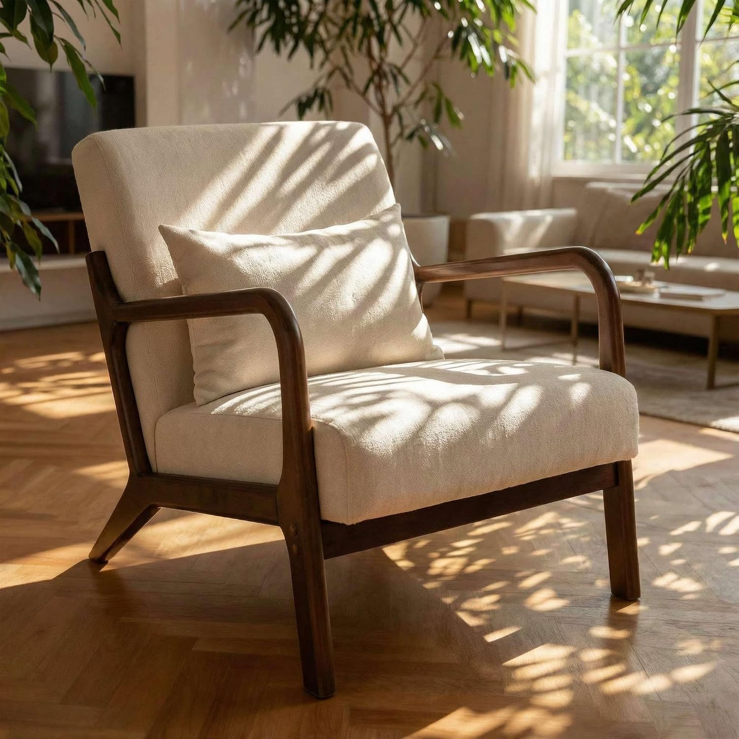 Mid Century Modern Accent Chair - Solid Rubberwood Frame Reading Armchair with Lumbar Pillow - Comfy Linen Lounge Chair for Living Room Bedroom Small Space - Heavy Duty 350lbs