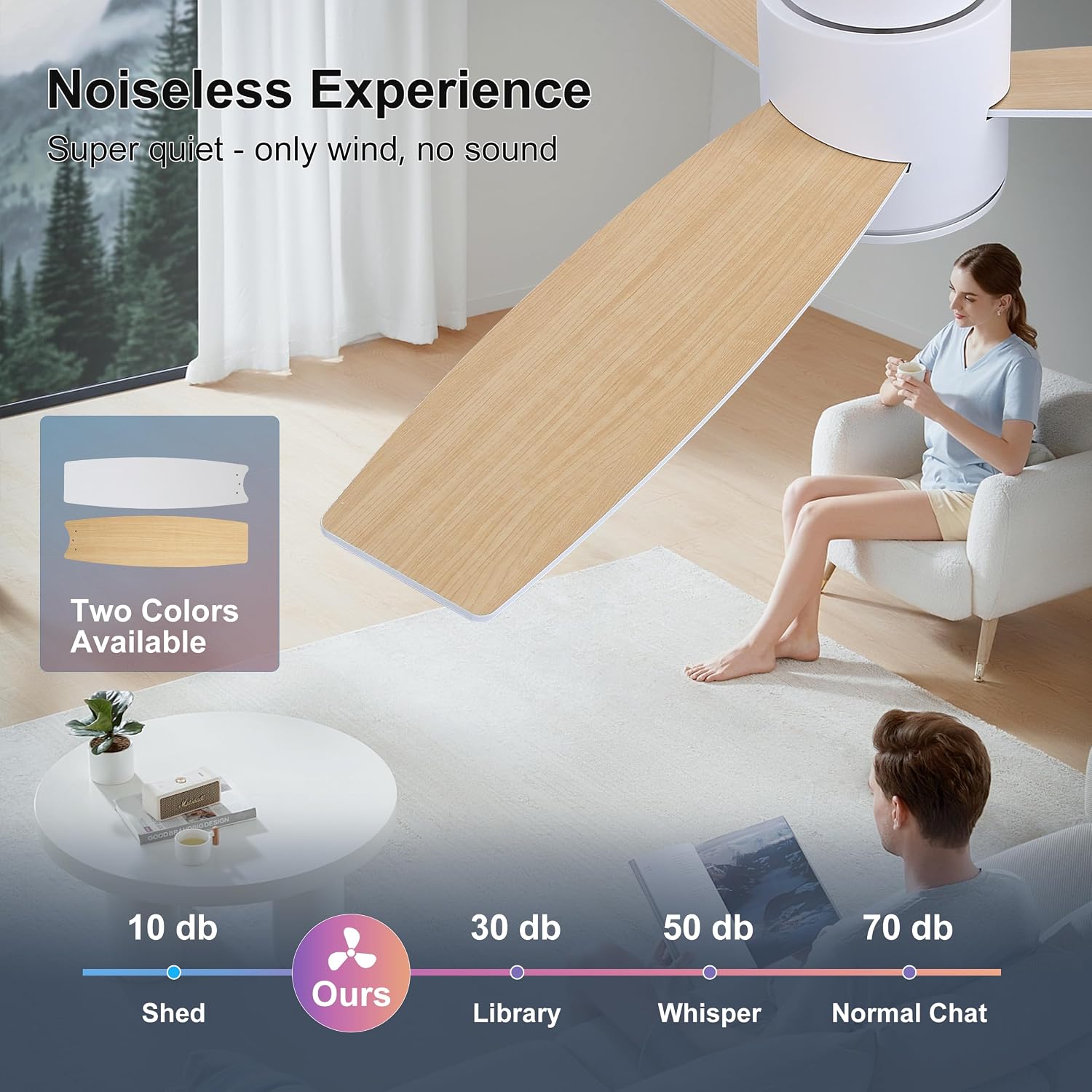 WINGBO 44 Inch Flush Mount DC Ceiling Fan with Lights and Remote, 3 Reversible Blades in White/Oak Finish, 6-Speed DC Motor, 3CCT, Low Profile White Ceiling Fan for Bedroom, Indoor/Outdoor Use