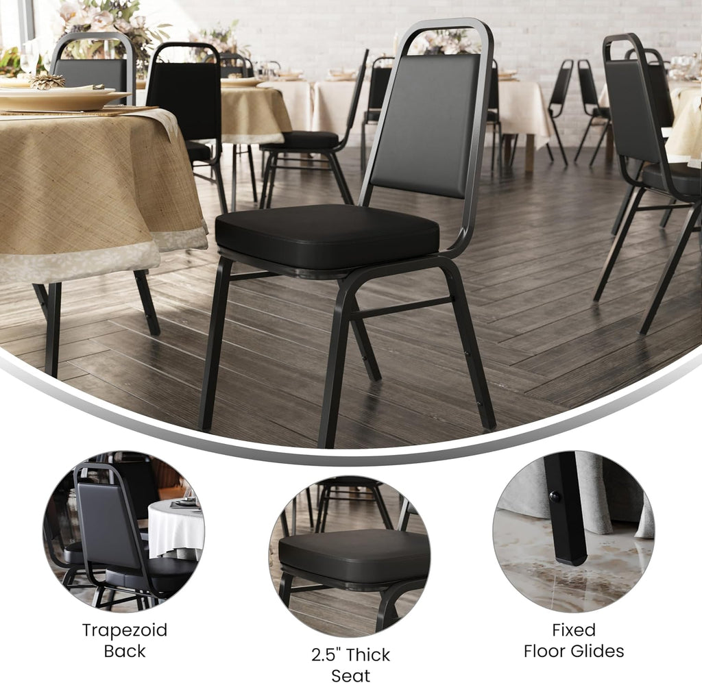 Flash Furniture Hercules Set of 4 Trapezoidal Vinyl Stacking Chairs, Commercial Stackable Chairs with Padded Seats and Backs, Black