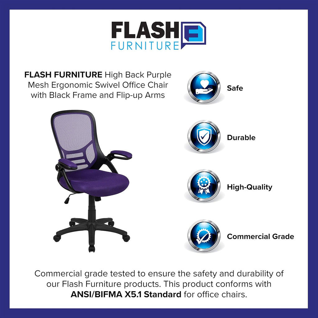 Flash Furniture Porter High-Back Swivel Office Chair with Adjustable Lumbar Support and Seat Height, Ergonomic Mesh Desk Chair with Flip-Up Armrests, Purple/Black
