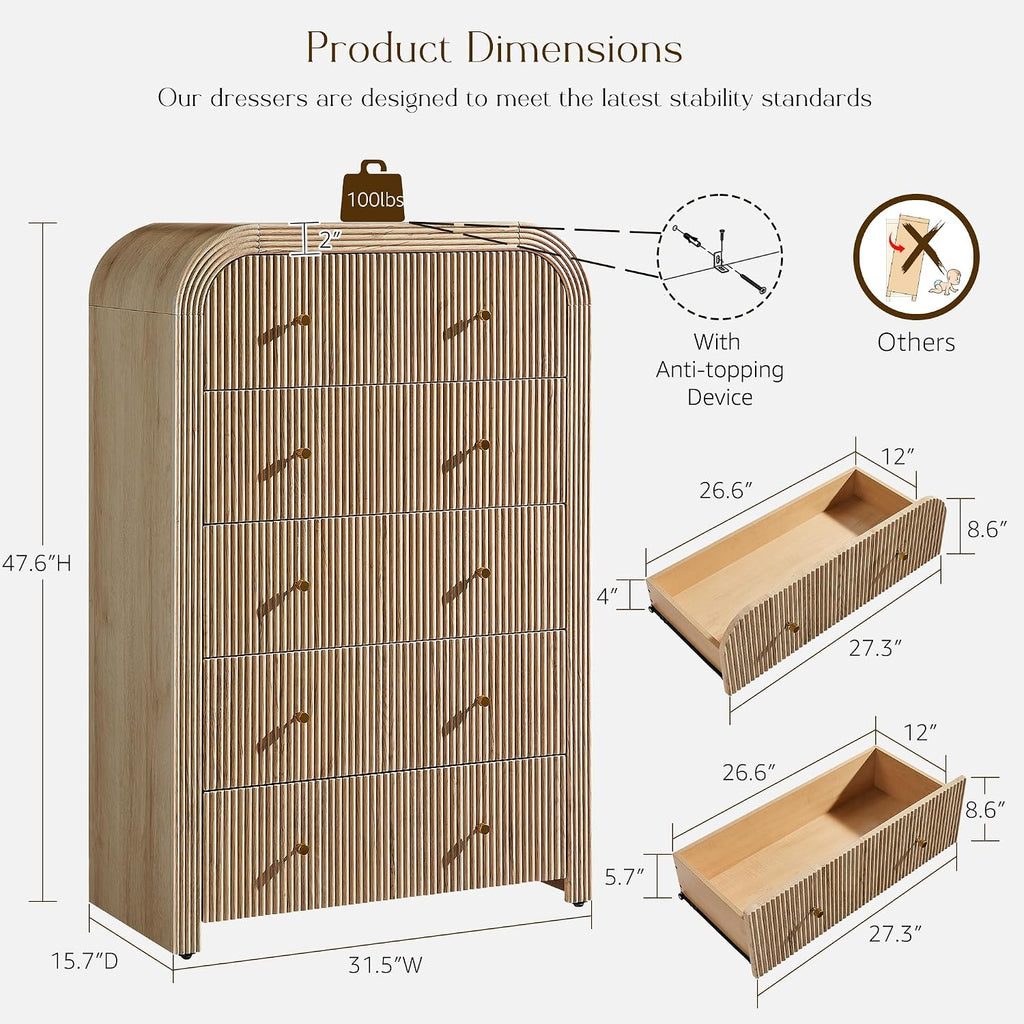 T4TREAM Fluted 5 Drawers Dresser, 48' Tall Modern Chest of Drawers with Thickened Curved Profile Design, Wood Closet Clothes Storage Organizer for Bedroom, Living Room, Hallway, Natural Oak