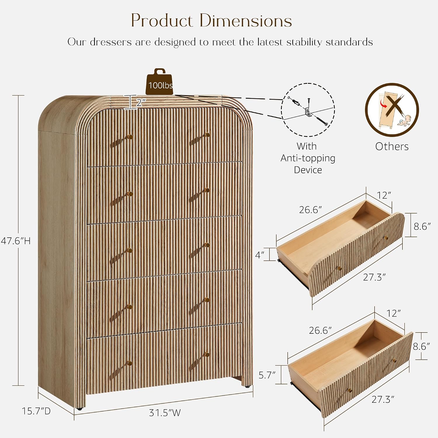 T4TREAM Fluted 5 Drawers Dresser, 48' Tall Modern Chest of Drawers with Thickened Curved Profile Design, Wood Closet Clothes Storage Organizer for Bedroom, Living Room, Hallway, Natural Oak