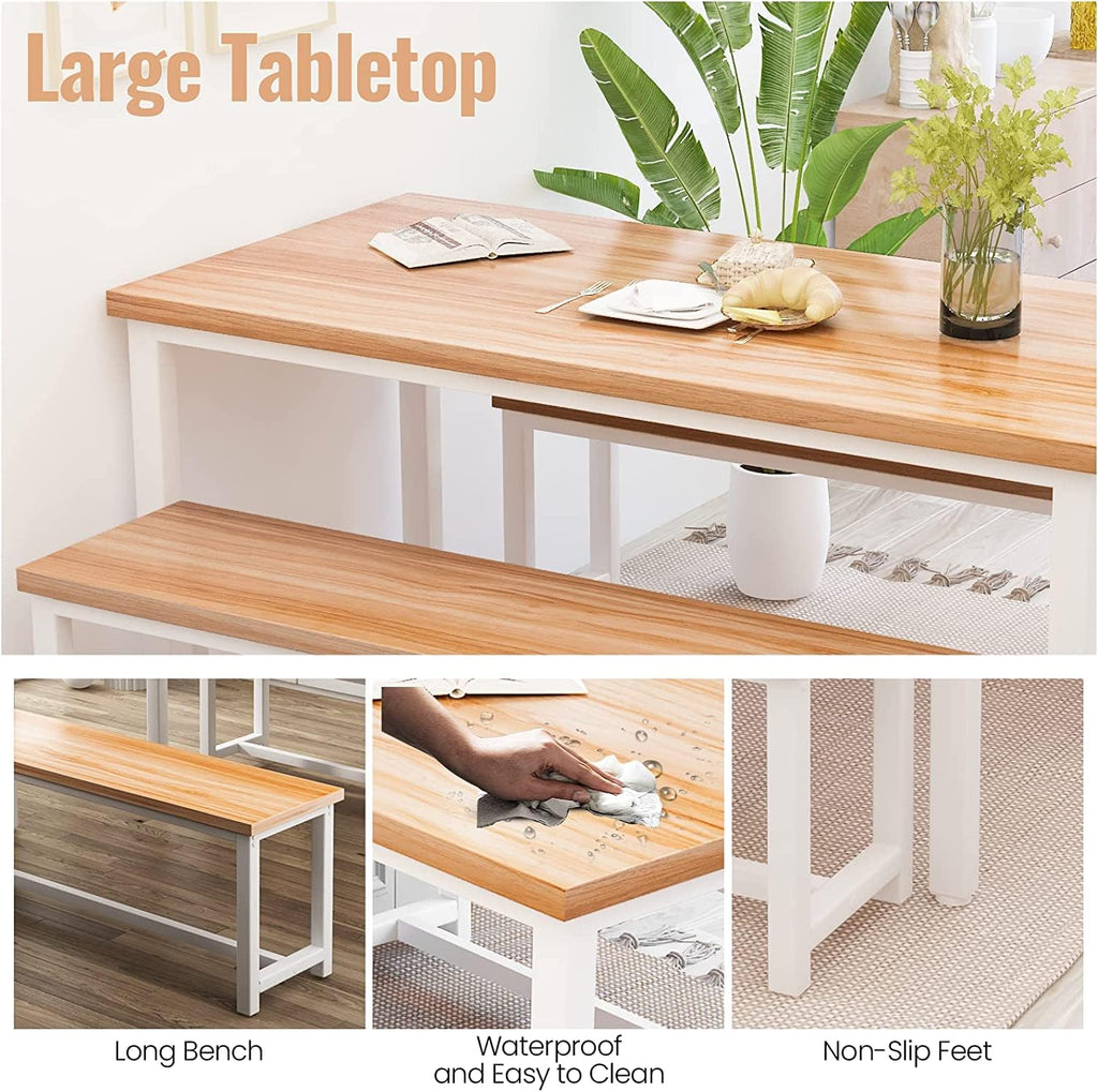 Dining Room Table Set with 2 Benches, Farmhouse Dining Table Set for 4, Wood Breakfast Dinner Table Set for Breakfast Nook Small Spaces, Beige