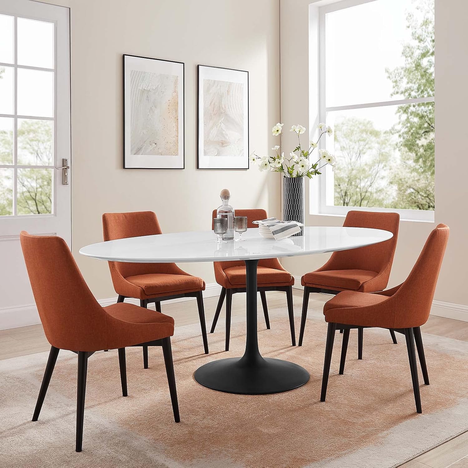 Modway Lippa 78' Oval-Shaped Mid-Century Modern Dining Table with White Wood Top and Black Base