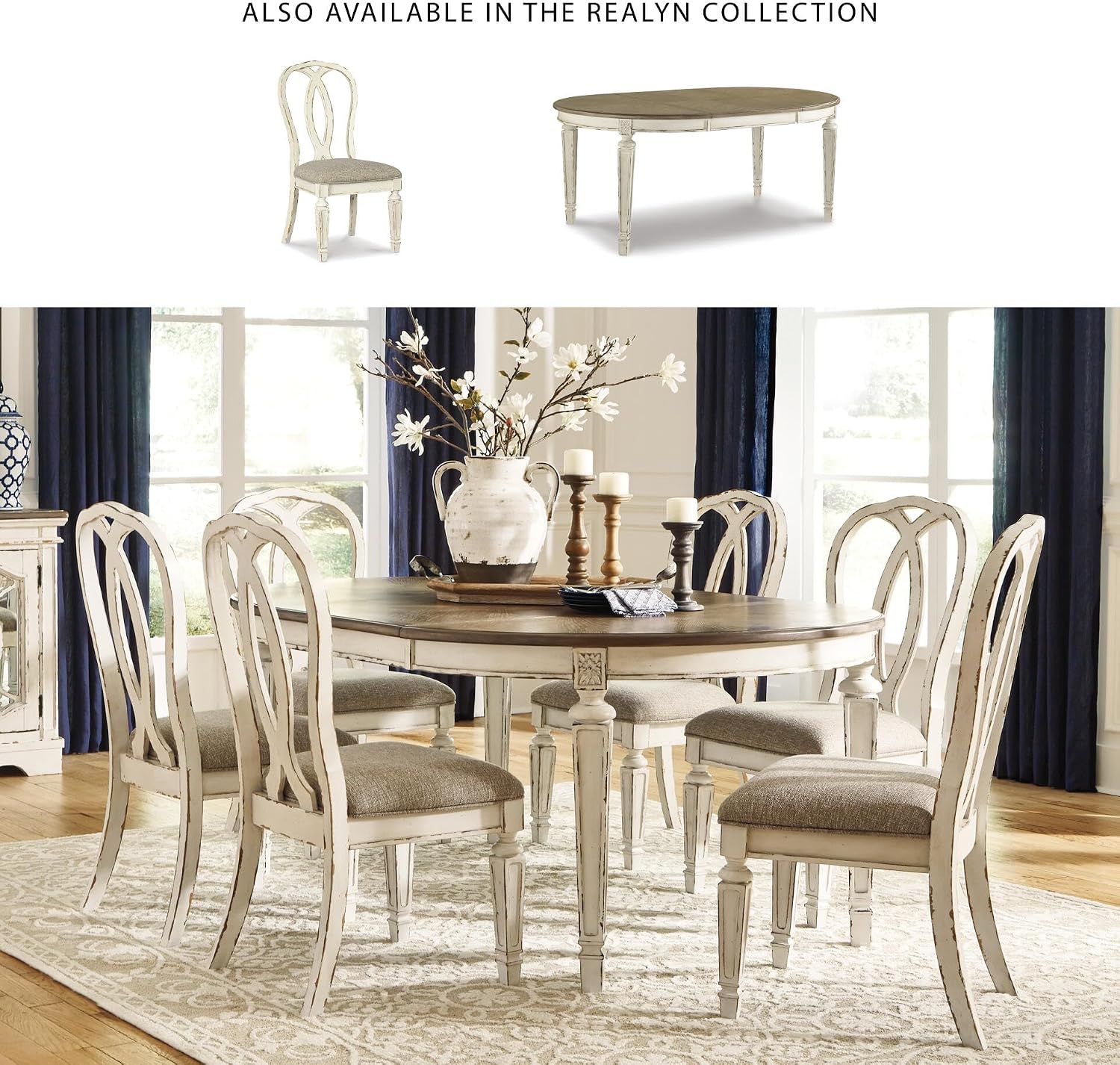 Signature Design by Ashley Realyn French Country Ribbon Back Dining Chair, 2 Count, Chipped White