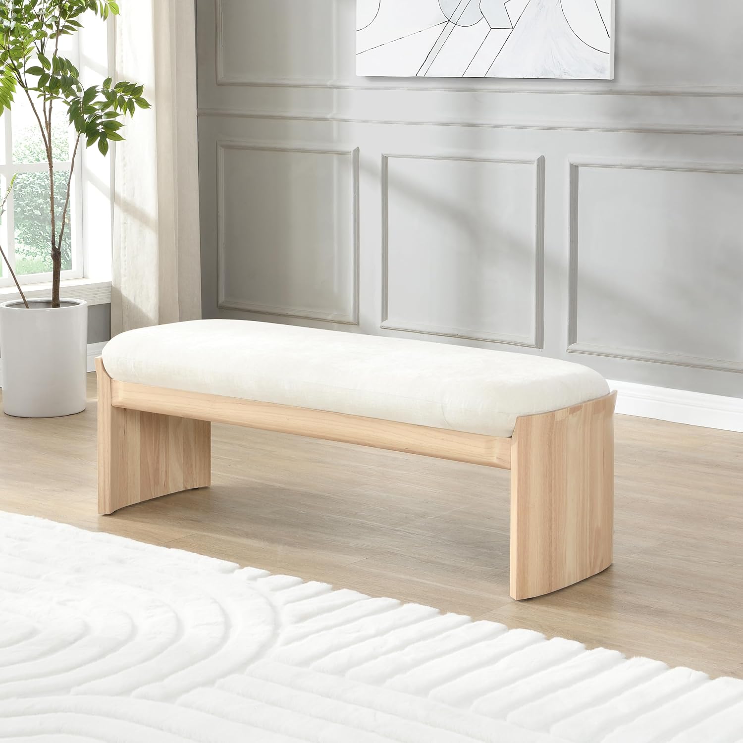 Christopher Knight Home Paxton Fabric Upholstered Ottoman Bench, Rectangular Foot Stools Ottoman, Entryway Wood Ottoman Footrest, Bedroom End of Bed Footstool,Living Room Sofa Extra Seat,Beige+Natural